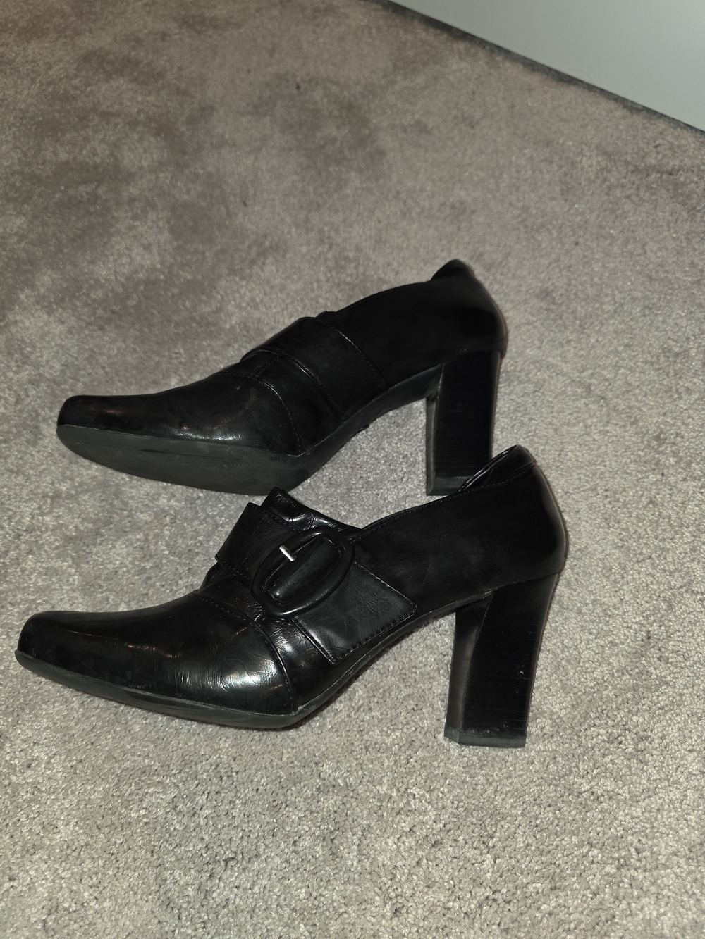 Nickels Black Block Heel Loafers with Buckle Accent